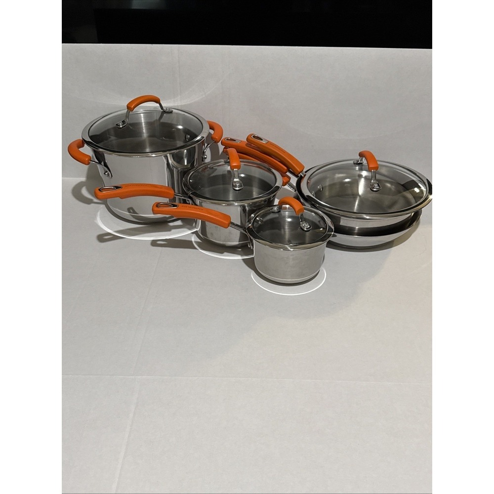 Rachael Ray 10-Piece Stainless Steel Cookware Set Orange Handles Pots Pans